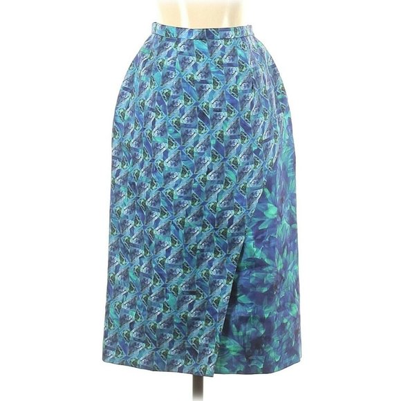Rachel Alex‎ Silk Mod Style Faux Wrap Skirt Geometric Blue Teal Sz XXS 00 - Picture 1 of 12
